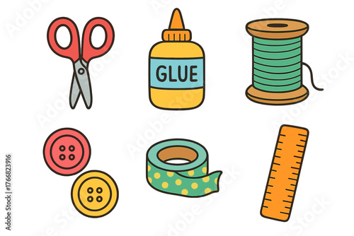 Set of essential craft supplies including scissors, glue, thread, buttons, patterned tape, and measuring ruler