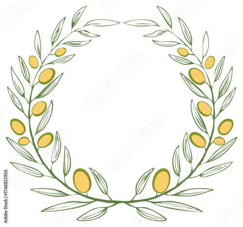 Hand drawn olive wreath illustration with green branches and ripe yellow olives forming a beautiful decorative frame design element