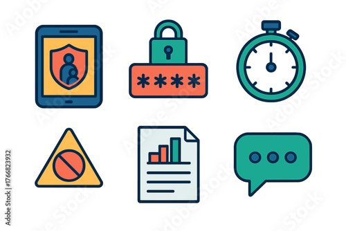 Icons representing digital security, time management, data analysis, and communication concepts