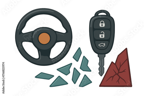 Automobile accident scene elements including steering wheel, remote key, shattered glass, and emergency triangle