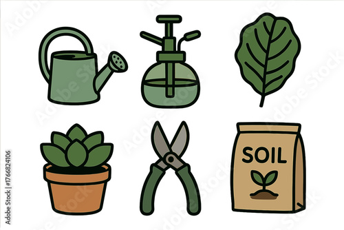 Essential gardening tools and planting supplies collection for home horticulture