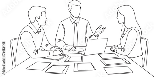 Line art illustration of a faceless business team collaborating around a conference table.