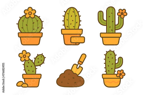 Set of potted desert cacti with colorful flowers and gardening shovel icons for planting