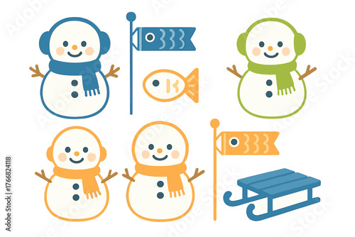Cute snowmen characters wearing colorful scarves and earmuffs with winter holiday elements