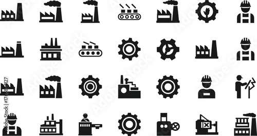 Collection of industrial factory building and worker icons representing manufacturing and production processes isolated on transparent background