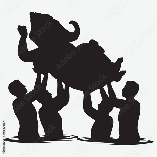Four Silhouetted Figures Lifting a Large, Round Object in Water
