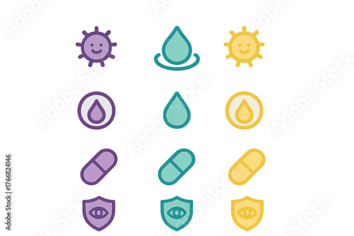 Collection of health and medical icons including virus, water drop, medicine capsule, and protective shield symbols