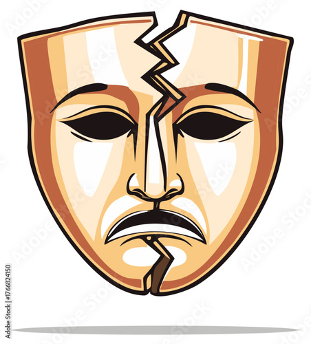 Cracked Sad Mask Illustration of Broken Emotions and a Troubled Expression Symbolizing Distress and Fracture
