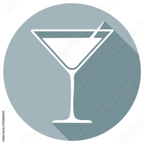 Stylized martini glass with toothpick on muted blue circle background and long shadow, drink icon, beverage icon