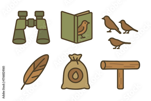 Birdwatching essentials set with binoculars, field guide, birds, feather, and feed bag