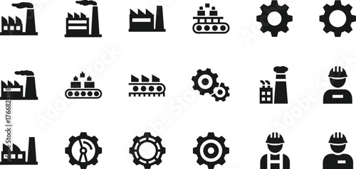 Collection of industrial factory building icons conveyor belts gears and worker symbols isolated on transparent background