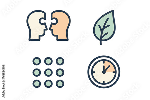 Conceptual icon set of connection, ecology, application menu, and time management symbols