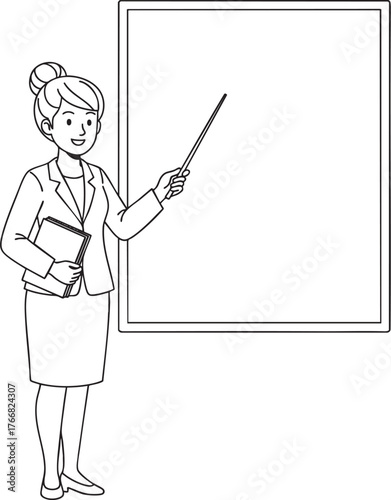 Line art illustration of a smiling female teacher in a suit holding a book and pointing with a stick.