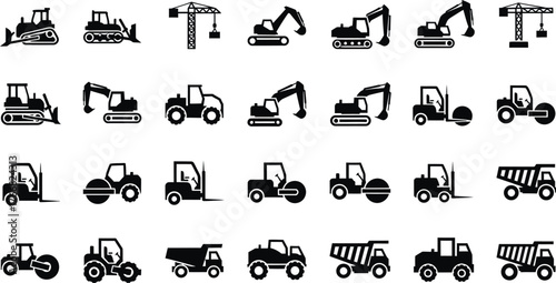 Collection of construction equipment icons silhouette set isolated on transparent background