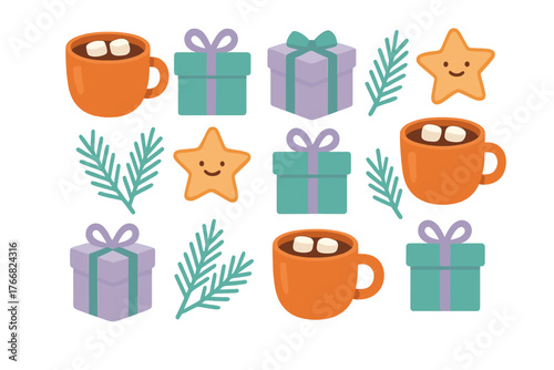 Repeating pattern of cozy winter holiday icons featuring hot cocoa mugs, wrapped gift boxes, and smiling star cookies