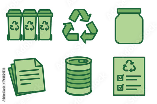 Set of recycling and waste sorting icons showing bins for paper, glass, metal, and general trash