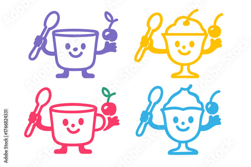 Set of four colorful cartoon dessert characters holding spoons and cherries for sweet branding