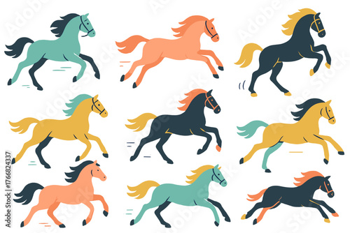 Seamless pattern of colorful galloping horses in a modern flat style