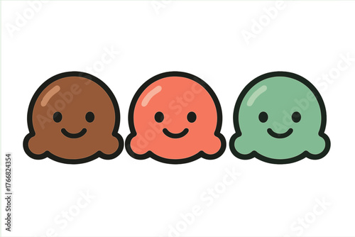 Three cute smiling ice cream scoops in different flavors and colors on a white background