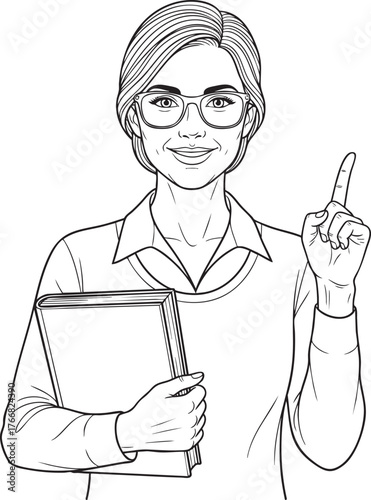 Line art illustration of a smiling female teacher with glasses holding a book and pointing upwards.