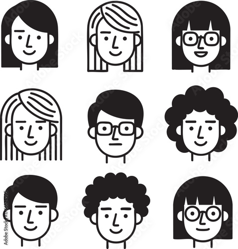 Set of diverse minimalist black and white illustrated character faces and user profile avatars.
