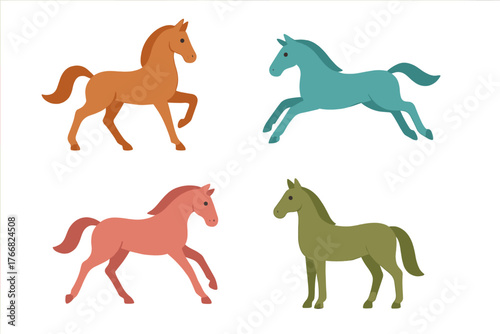 Four colorful stylized horses in various dynamic poses isolated on white