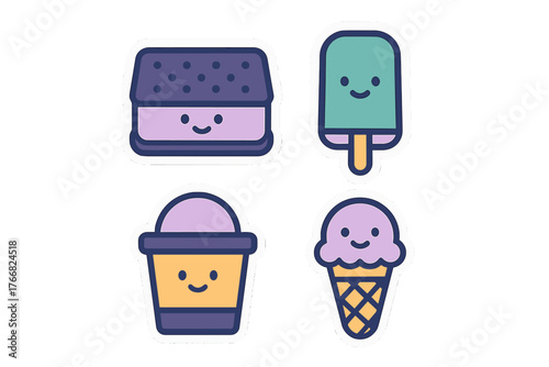 Smiling frozen desserts set including ice cream sandwich popsicle cup and waffle cone
