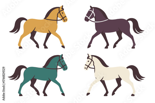 Set of four stylized horses walking or trotting with bridles in diverse color palette
