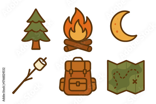 Campfire, backpack, map, tree, moon, and marshmallow stick for outdoor adventure