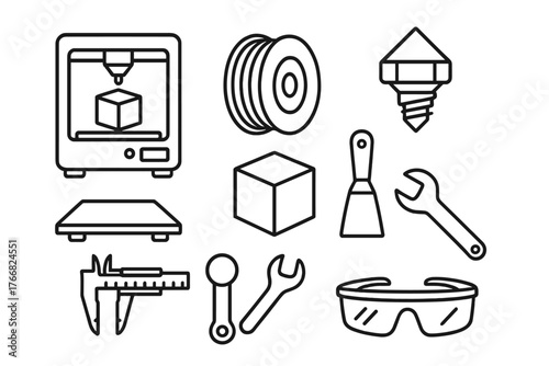 Set of symbols depicting 3D printing technology, additive manufacturing, and workshop tools
