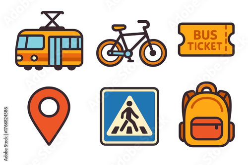 Urban travel and navigation symbols including tram, bicycle, bus ticket, location pin, and backpack