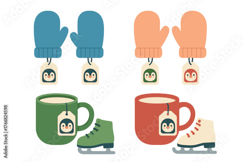 Cozy winter set with mittens, hot drinks in mugs, and ice skates adorned with penguin tags