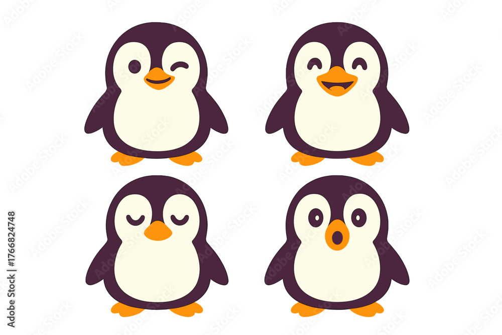 Obraz premium Adorable baby penguin characters displaying four different facial expressions and moods