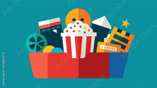 A box filled with movie tickets DVDs and moviethemed knickknacks reminding a person of their favorite films and the emotional connections they made while watching them.. Vector illustration