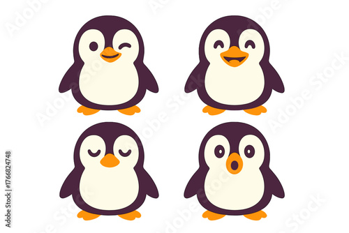 Adorable baby penguin characters displaying four different facial expressions and moods
