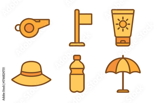 Essential summer and beach equipment set including sun protection, hydration, and safety gear