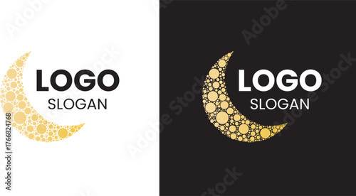 Elegant crescent moon logo filled with decorative golden circles, shown on light and dark backgrounds. Perfect for beauty brands, wellness studios, luxury boutiques, spiritual businesses, and premium 