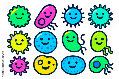 Colorful cartoon microbes, bacteria, and viruses with happy smiling faces