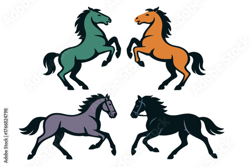 Set of four colorful stylized horses rearing and galloping in dynamic action poses isolated on white