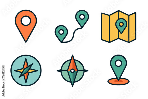 Colorful collection of navigation and location icons for mapping and travel applications