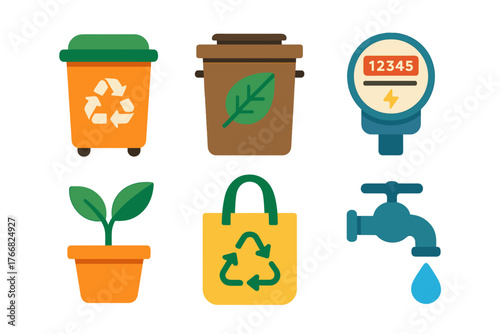 Environmental conservation and utility icons set featuring recycling, compost, electric meter, and water faucet symbols