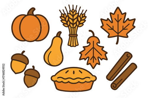 Collection of autumn harvest items including pumpkin, squash, wheat, maple leaves, pie, and cinnamon