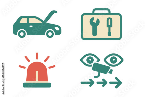 Automotive repair tools, emergency alarm, and security surveillance system icons