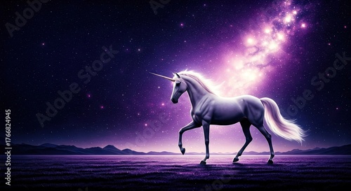 Majestic white unicorn strides across a dark plain under a cosmic nebula of light