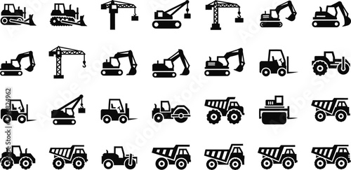 Collection of various construction vehicles and heavy machinery icons isolated on transparent background