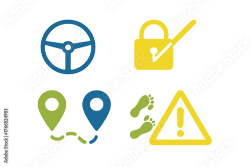 Essential safety, navigation, and security icons including steering wheel, padlock, and location pins