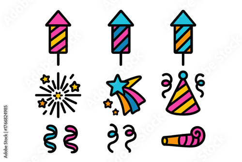 Vibrant collection of celebration symbols including rockets, fireworks, party hat, and confetti
