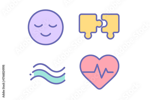 Set of four wellness and health icons: relaxed face, connected puzzle pieces, waves, and heartbeat monitor