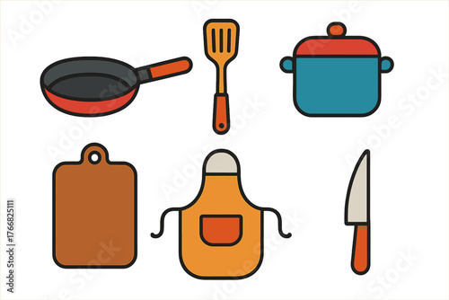 Essential cooking utensils and kitchen equipment set including pan pot knife and apron