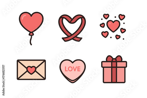 Set of romantic icons featuring heart balloon, gift box, love letter, and candy heart for Valentine's Day